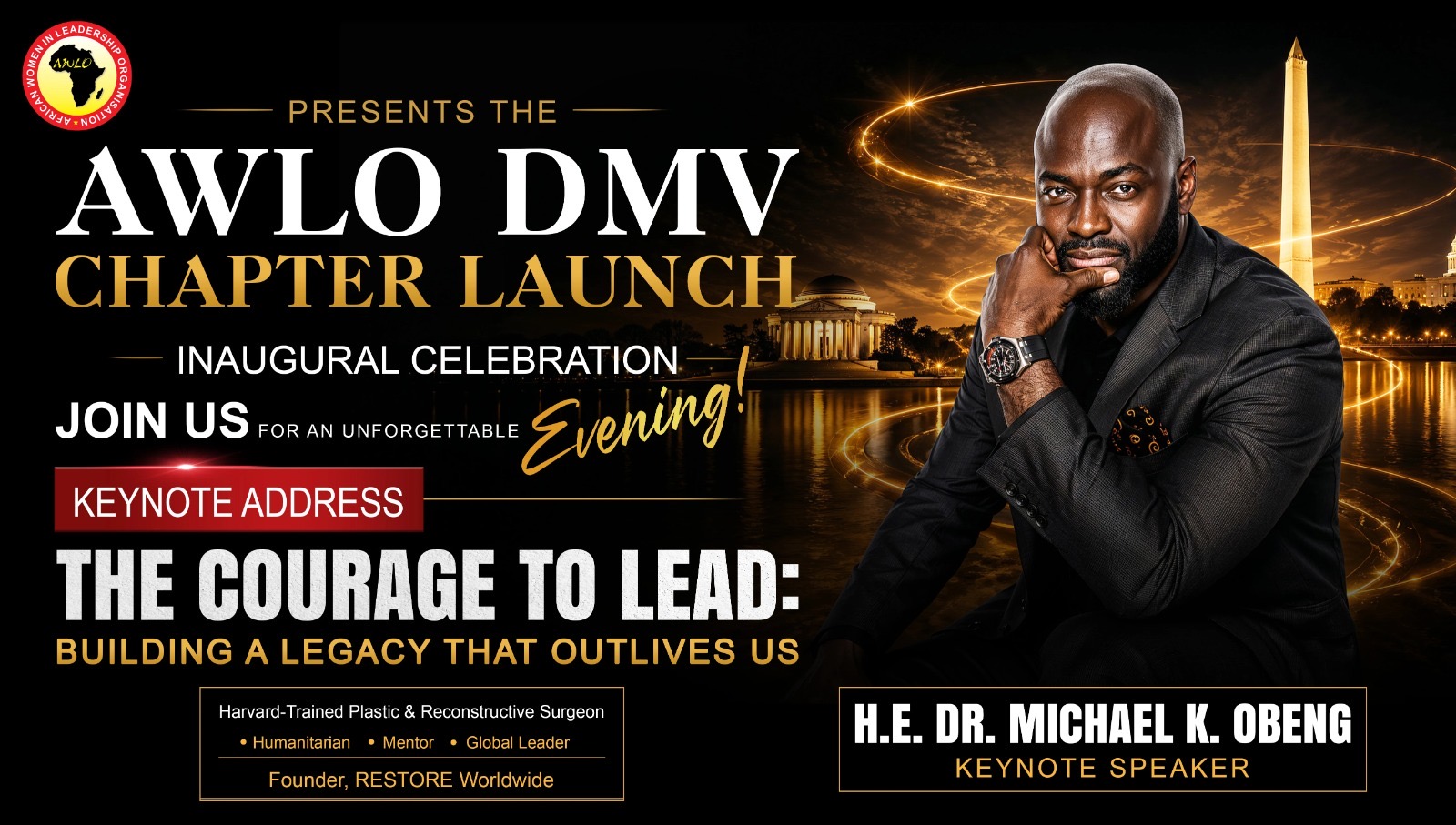 AWLO DMV Chapter Launch banner featuring Keynote Speaker H.E. Dr. Michael K. Obeng, PAALA 2026, Saturday August 15, 2026, 6:00-10:00 PM, The Melrose Georgetown Hotel